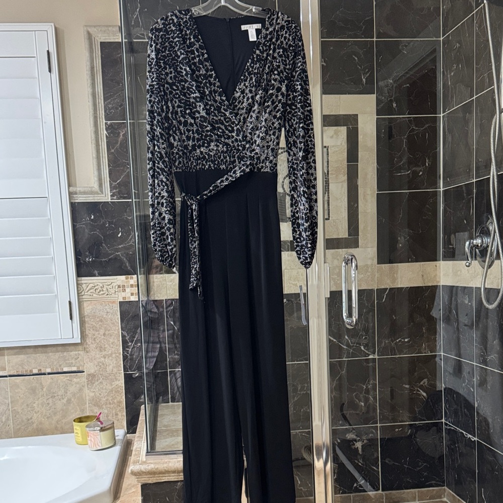 London Times Black Velvet Leopard-Print Wrap Jumpsuit